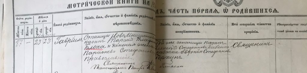Запись 1906 года о крещении Гавриила Тарасовича Блохи.